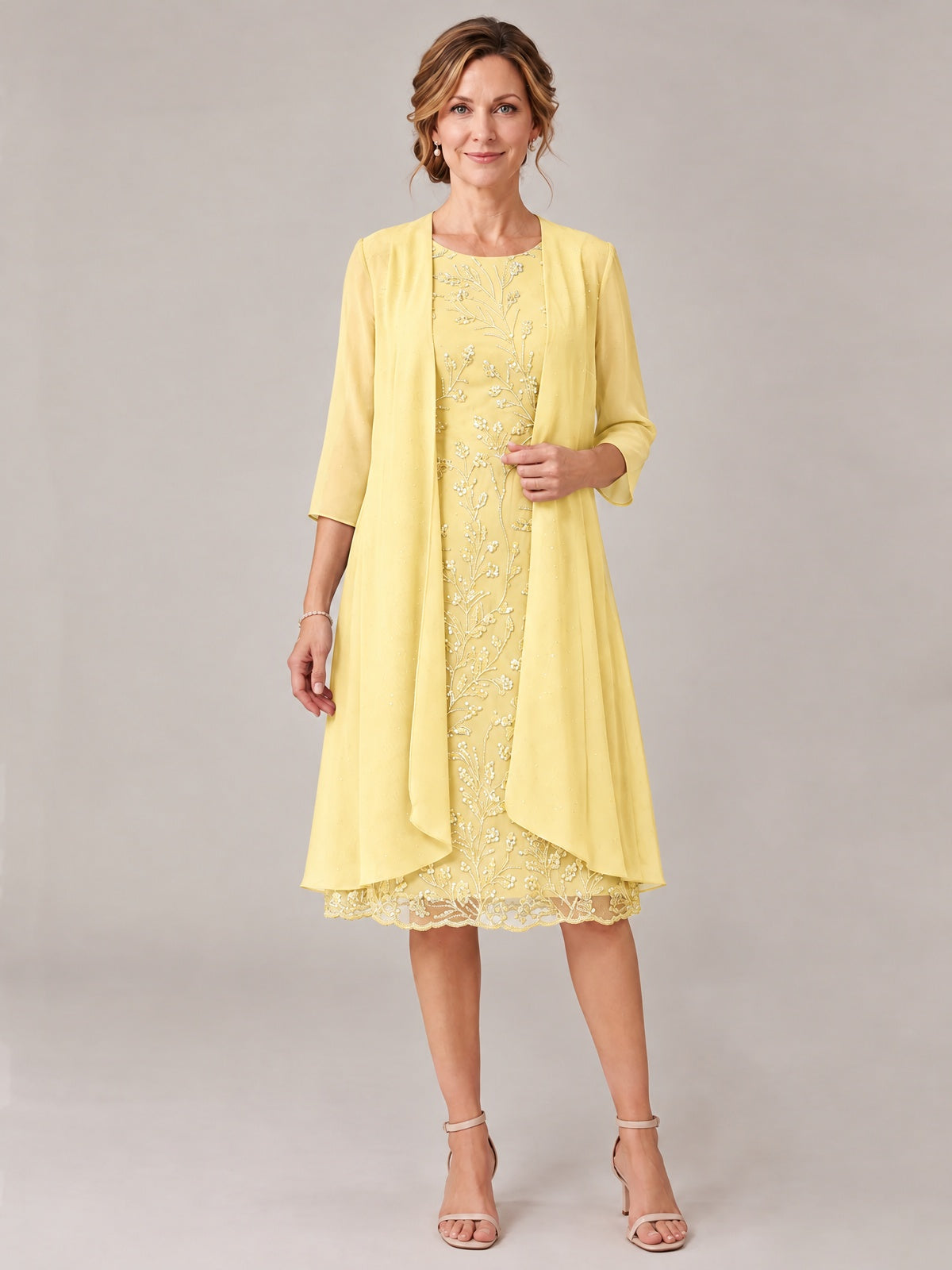 Yellow-2 Piece Lace Appliques Chiffon Mother of The Bride Dress with Sequin