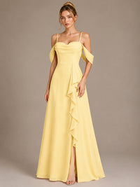Spaghetti Strap Chiffon Bridesmaid Dress with Ruffles Slit