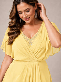 Navy Blue A-Line V-Neck Tea-Length Mother of the Bride Dress