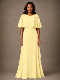 Taupe Chiffon A-Line Mother of the Bride Dress with Cape Sleeves
