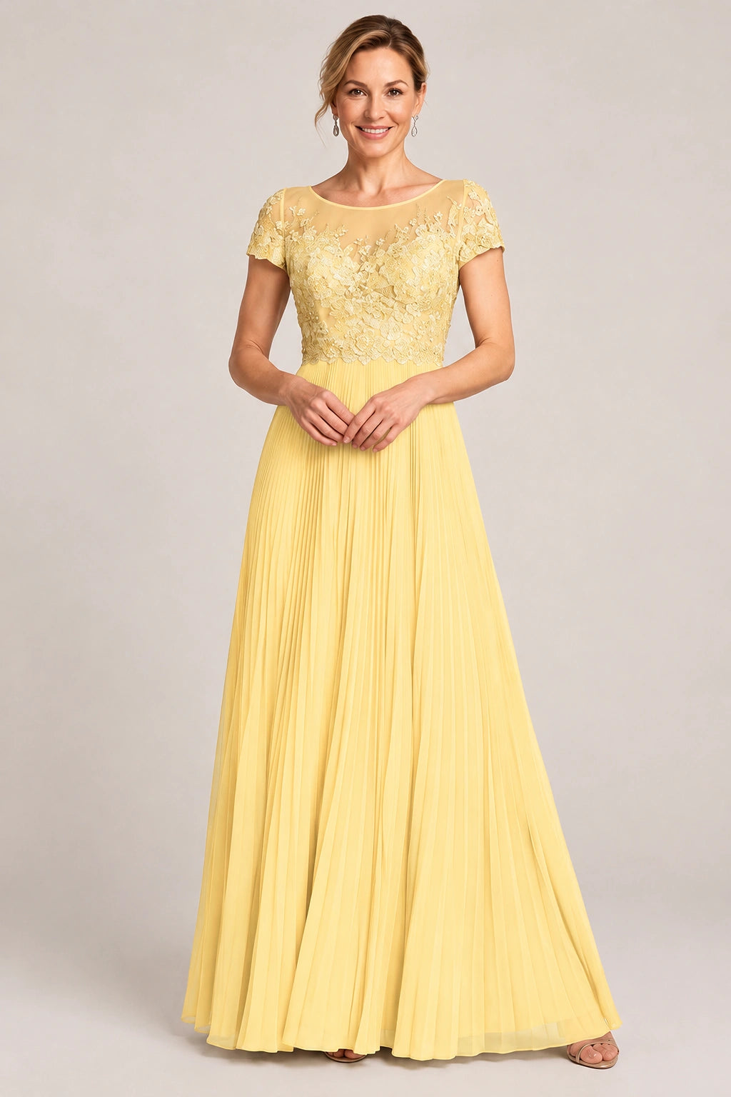 Embroidered Lace Pleated Mother of the Bride Dress