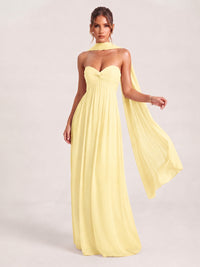 Yellow Strapless Ruched Chiffon Long Prom Dress with Scarf A-line Sweetheart Ruffled Formal Wedding Guest Dress Evening Gown