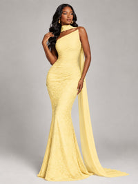 Pleated Chiffon Lace Prom Dresses Long Bodycon Mermaid with Scarf