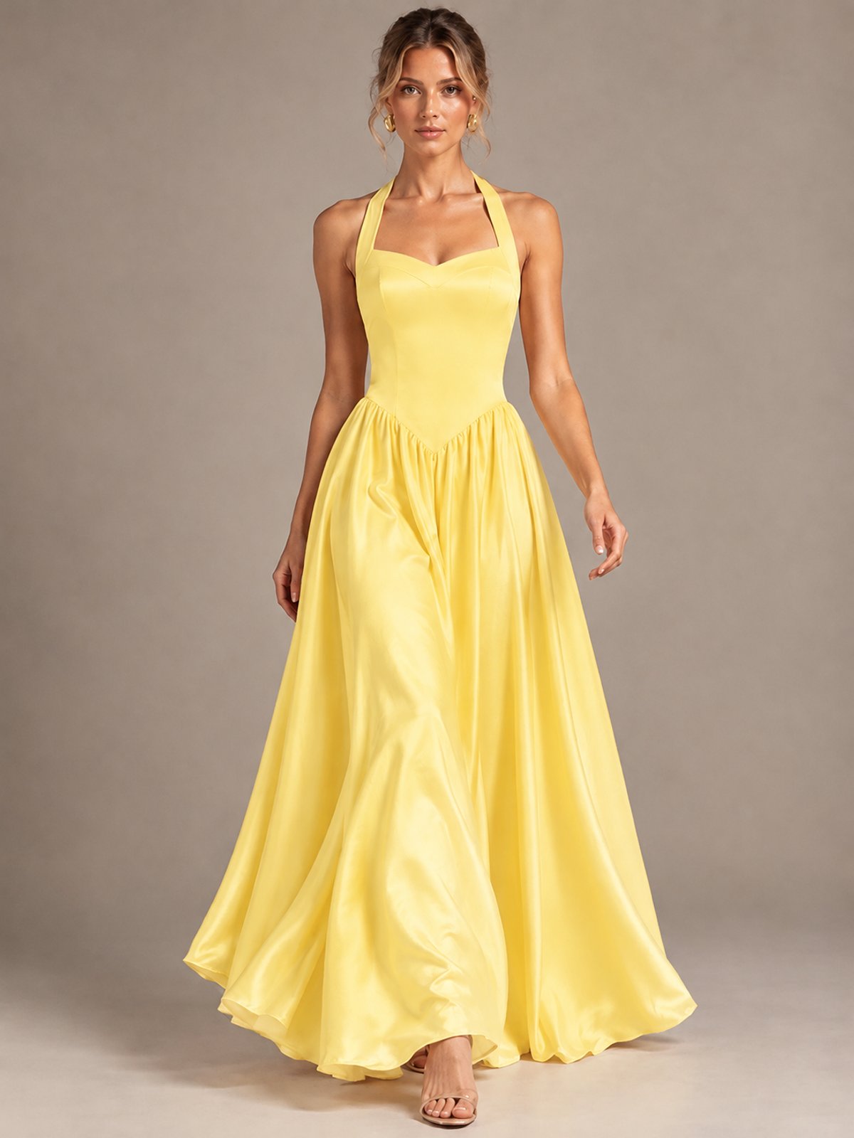 Light Yellow Halter Neck Satin A-Line Maxi Dress with Pockets