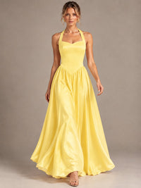 Light Yellow Halter Neck Satin A-Line Maxi Dress with Pockets