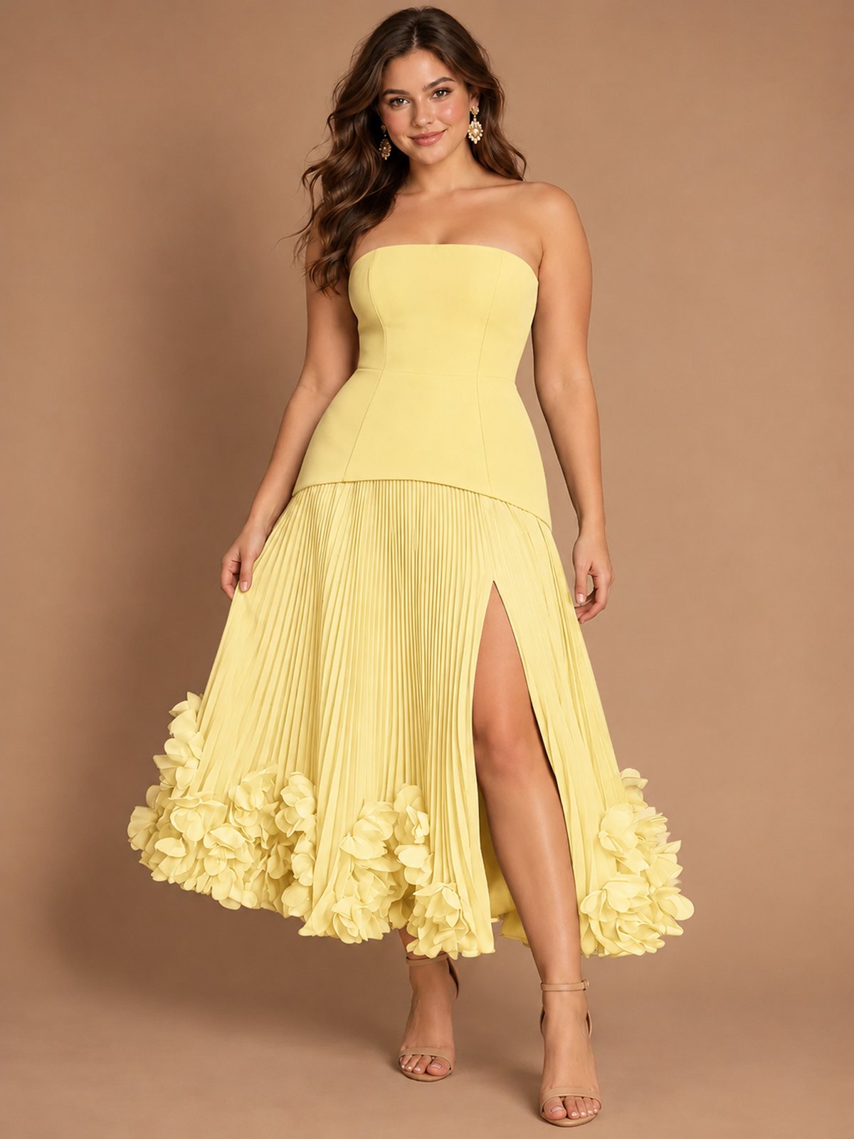 Navy Blue Strapless Pleated A-Line Midi Dress with 3D Floral Applique