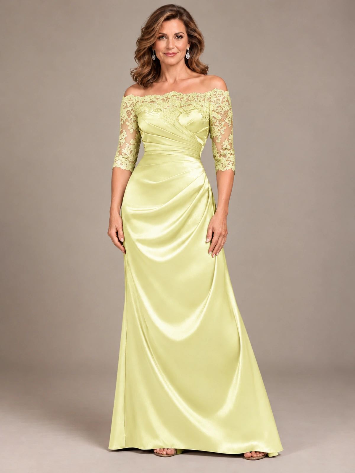 Satin Mother of the Bride Dress with Lace Sleeves Off Shoulder Formal Gown