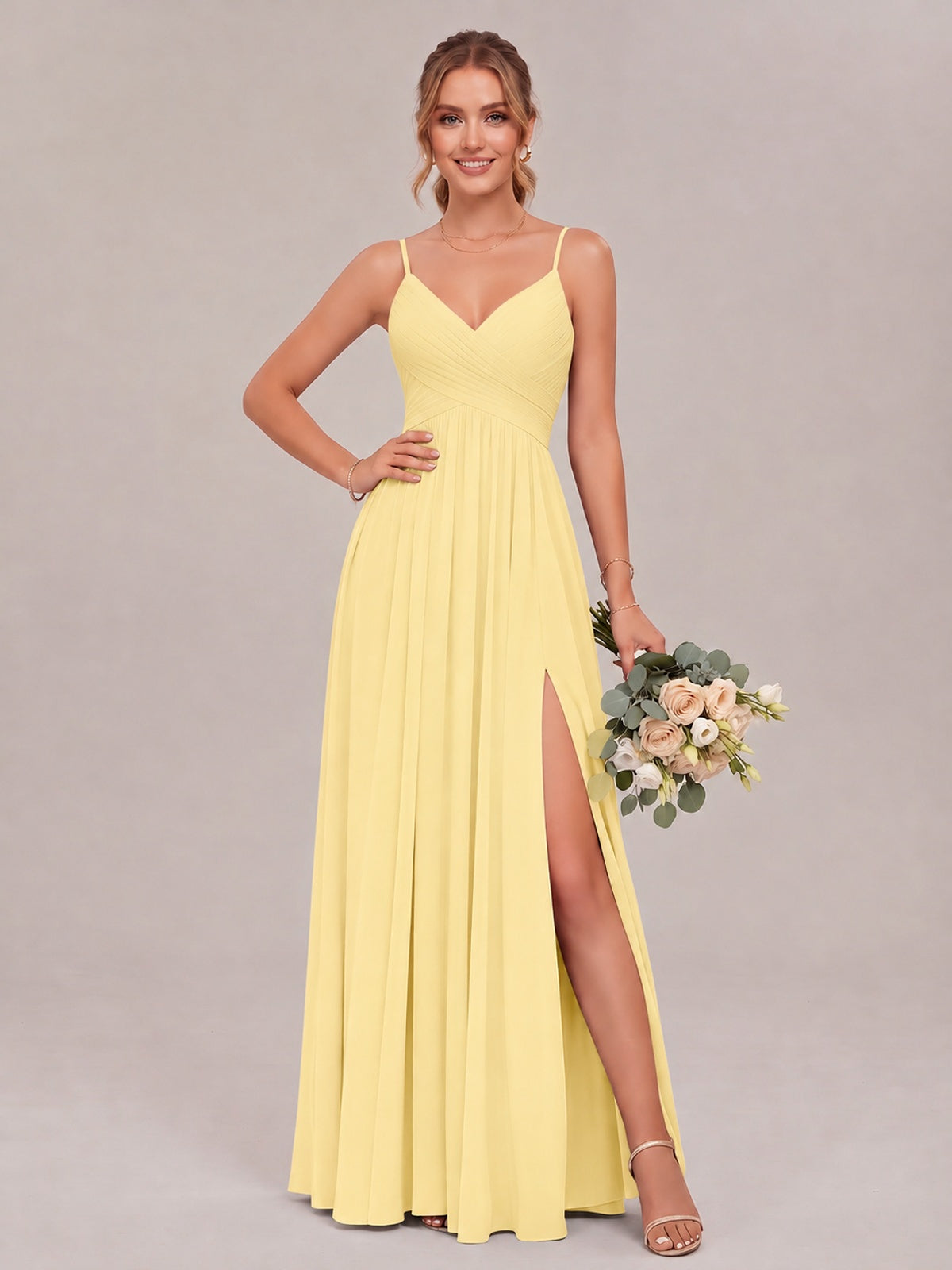 Yellow Spaghetti Straps Pleated Chiffon Bridesmaid Dress with Slit V-Neck A-line Long Formal Evening Wedding Guest Gown