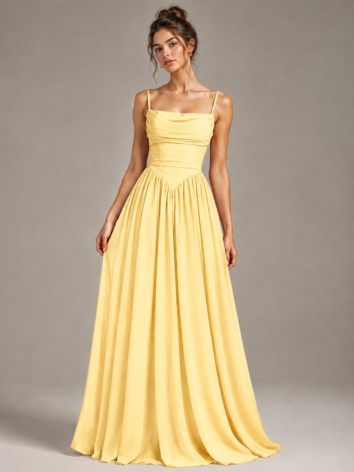 Spaghetti Strap Ruched Chiffon Maxi Dress with Backless