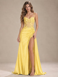 Mermaid Satin Prom Dress with Floral Appliqué Corset and High Slit