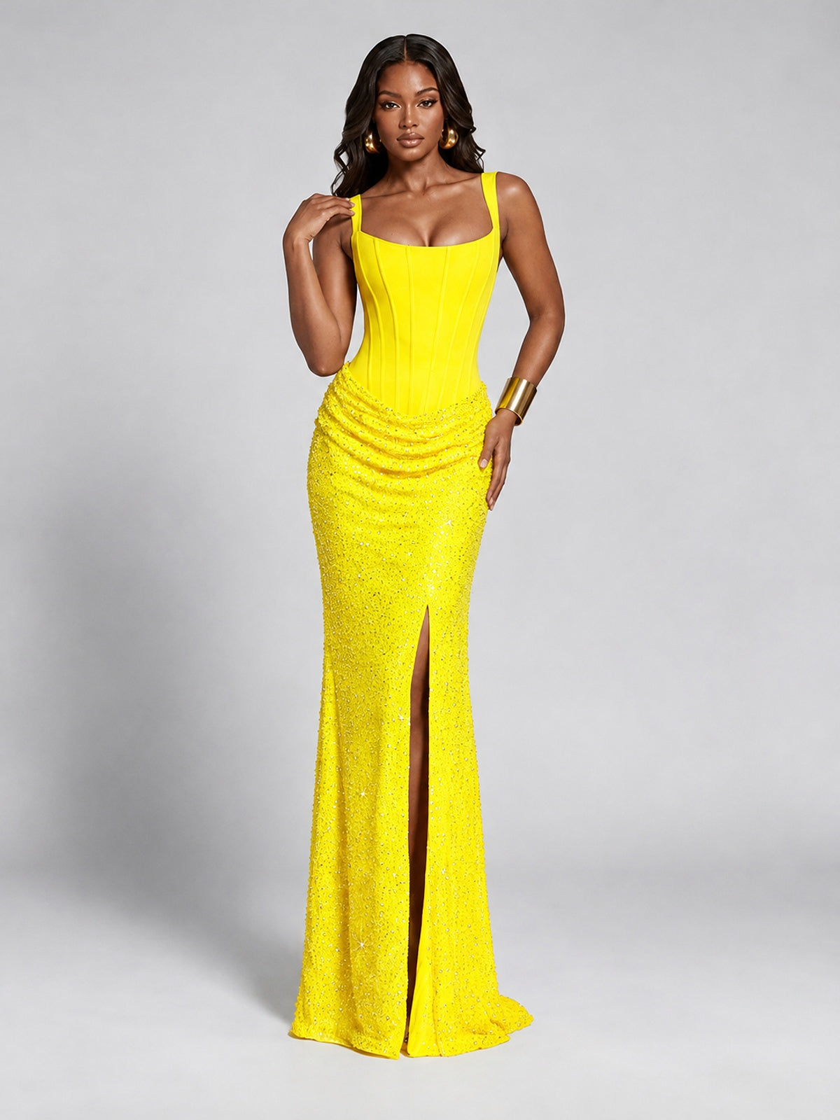 Sequin Corset Mermaid Prom Dress with Square Neck Wide Strap High Slit
