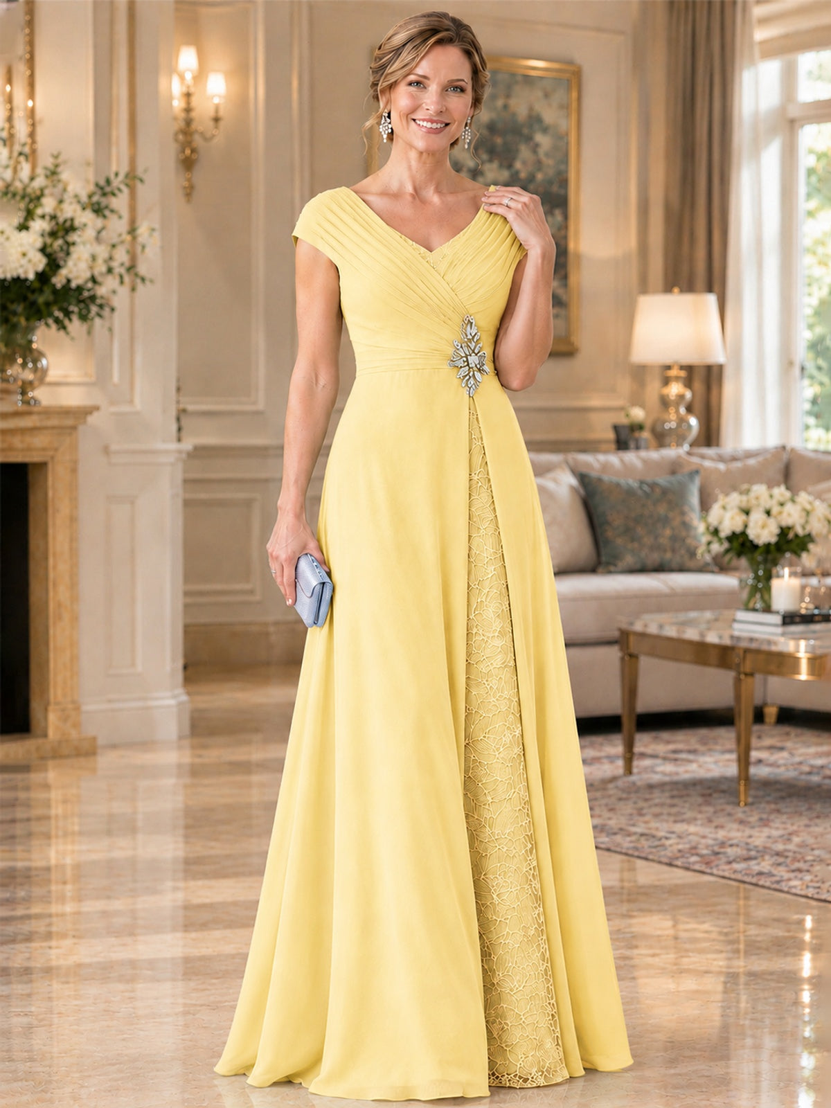 Pleated Chiffon Lace Mother of The Bride Dresses with Beading Cap Sleeves