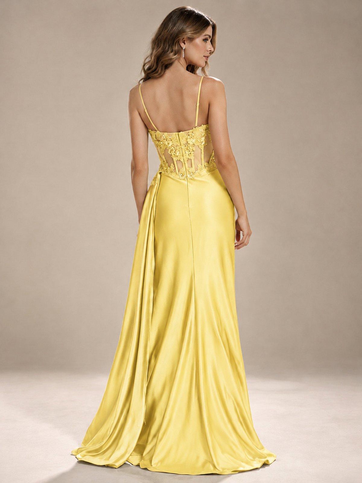 Mermaid Satin Prom Dress with Floral Appliqué Corset and High Slit