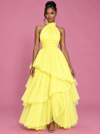 Hot Pink Tulle Halter Neck Tiered Ruffle Maxi Dress
