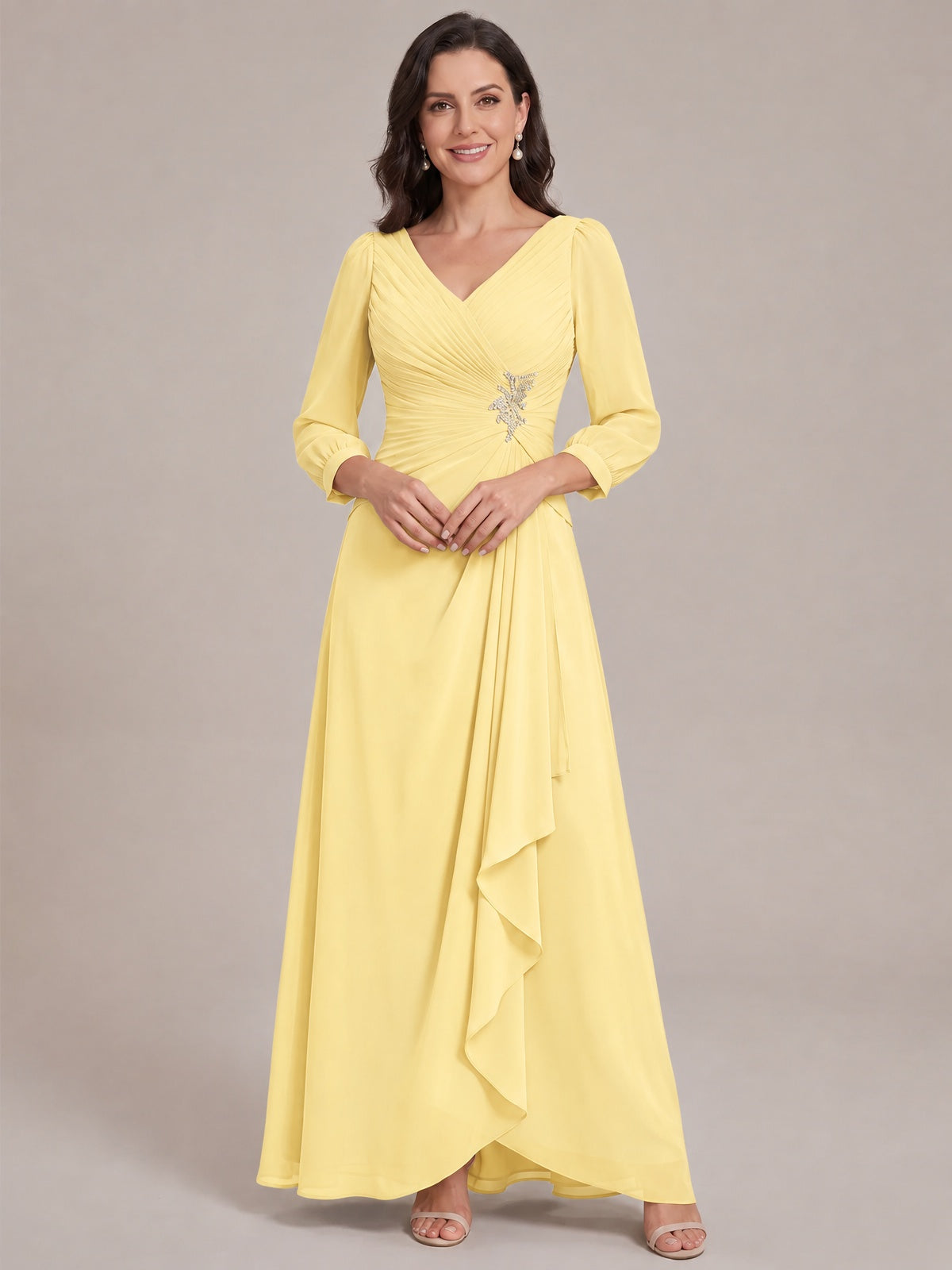 Yellow-Long Sleeve Chiffon Beaded Mother of The Bride Dresses for Women