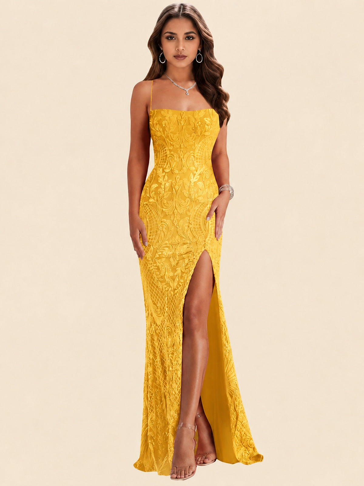Sequin Lace Appliques Mermaid Prom Dress Spaghetti Strap Formal Gowns with Slit