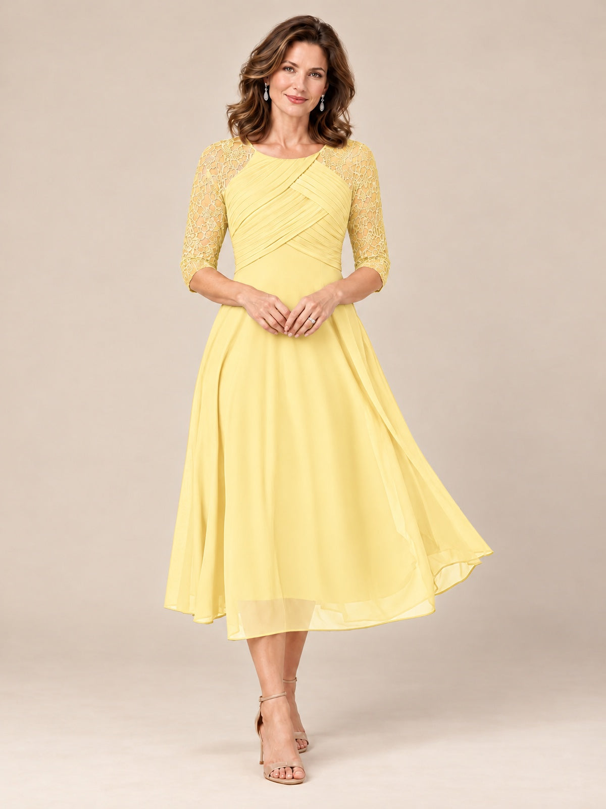 Yellow-Lace Applique Pleated Tea Length Mother of The Bride Dresses
