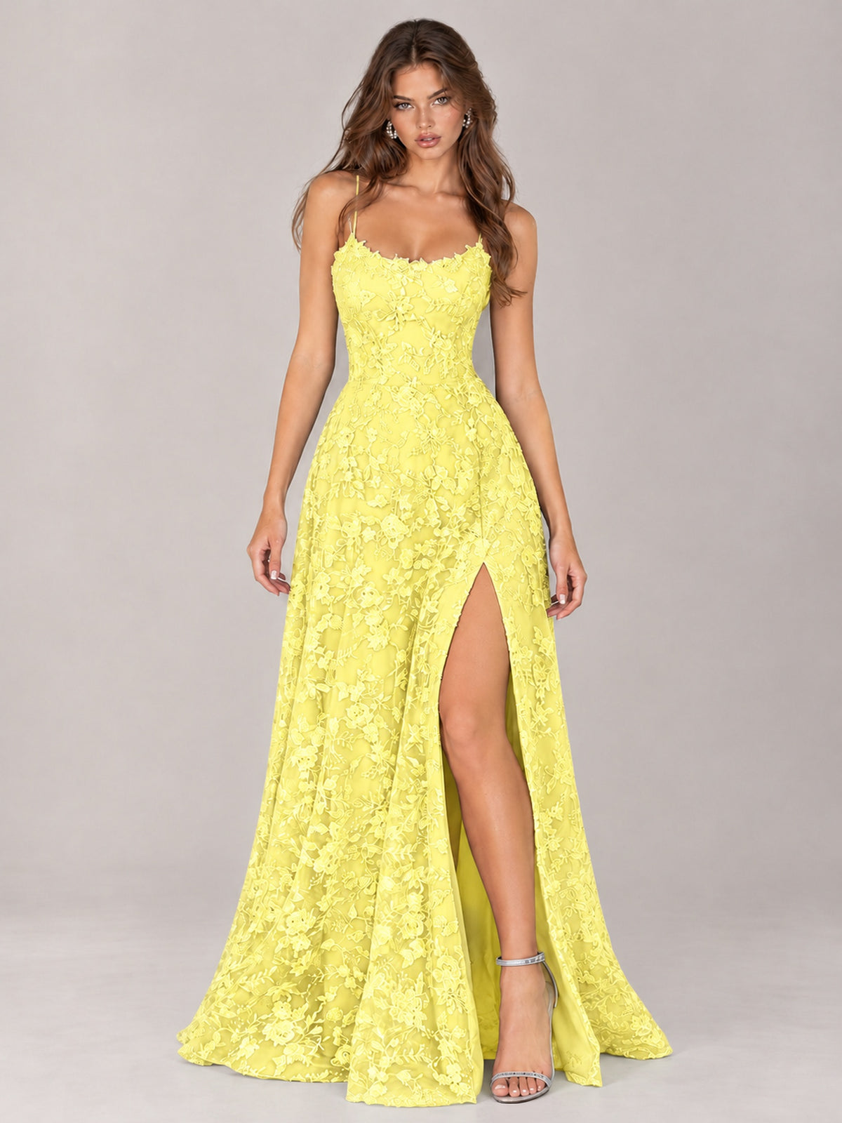 Floral Lace A-Line Prom Dress with Spaghetti Straps & High Slit