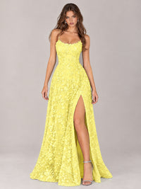 Floral Lace A-Line Prom Dress with Spaghetti Straps & High Slit
