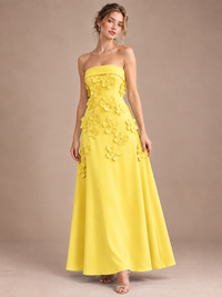 Yellow Strapless 3D Floral Appliques Maxi Dress