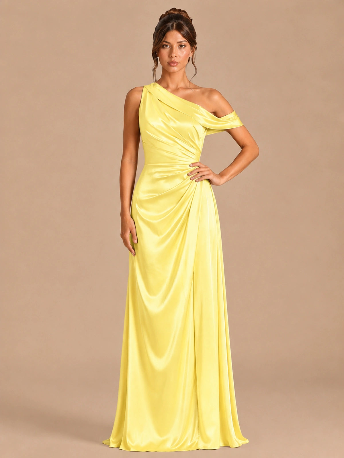 Yellow-satin one shoulder prom dress ruched long formal gow Jovelle