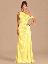 Yellow-satin one shoulder prom dress ruched long formal gow Jovelle
