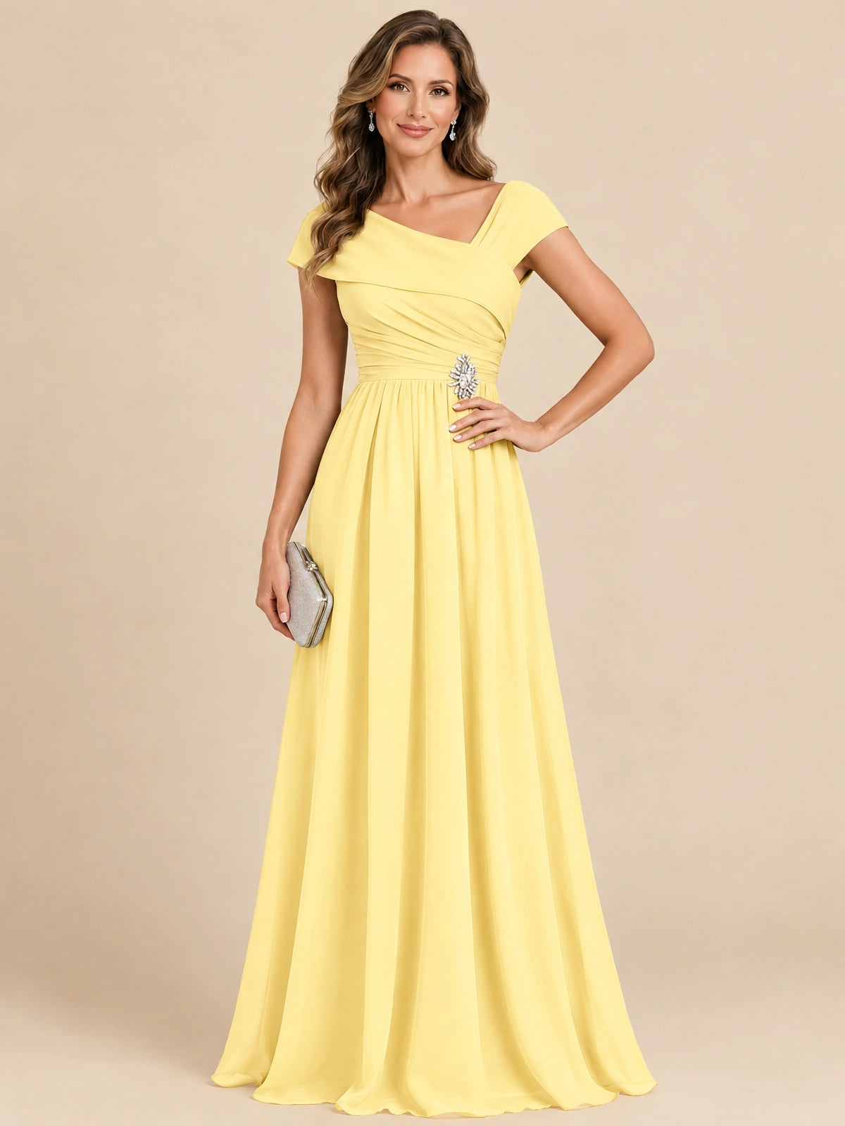 Cap Sleeve Mother of The Bride Dresses Long Chiffon Formal Gowns