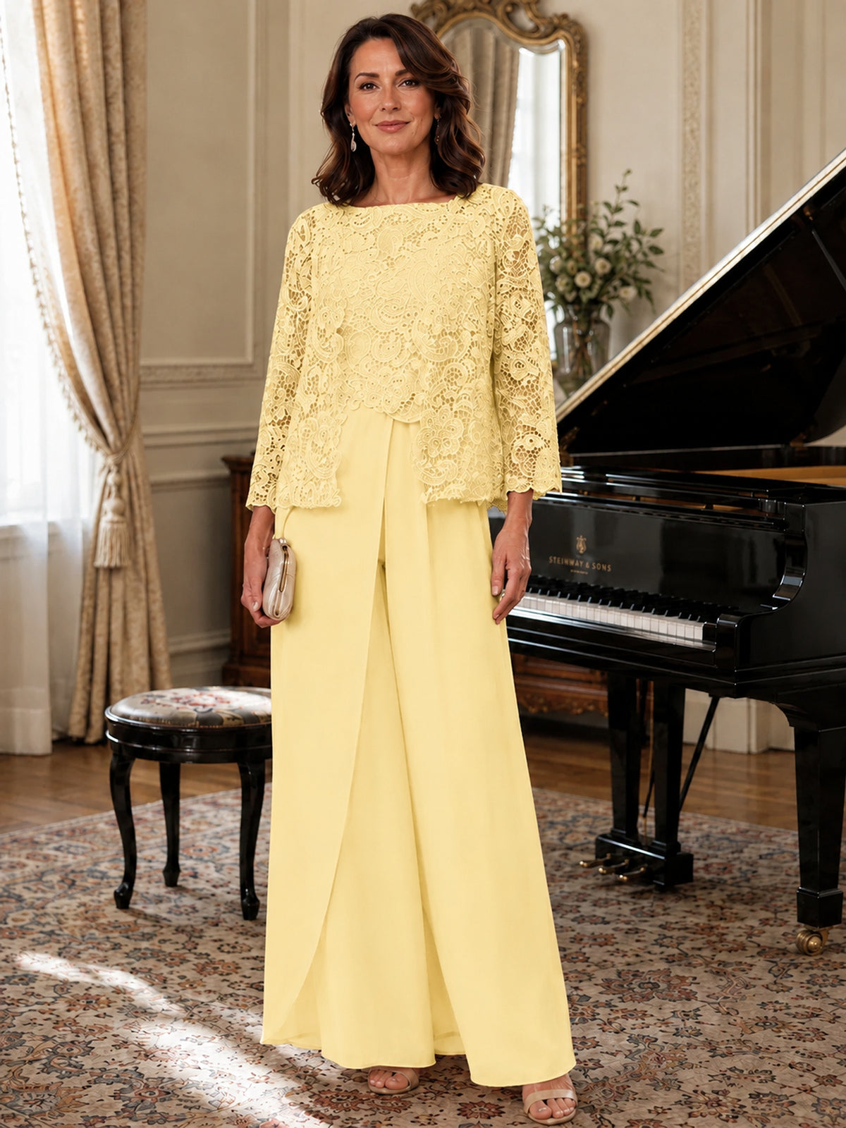 Elegant 3-Piece Chiffon Mother of the Bride Pantsuit with Floral Applique Jacket