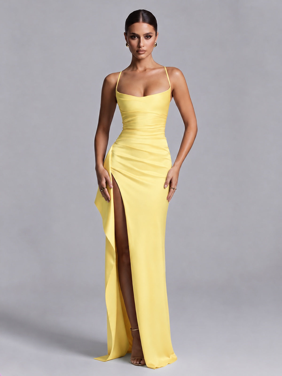 Yellow Squre Neck Pleated Satin Prom Dresses for Teens Women Long Evening Formal Gown with Slit Ruffles