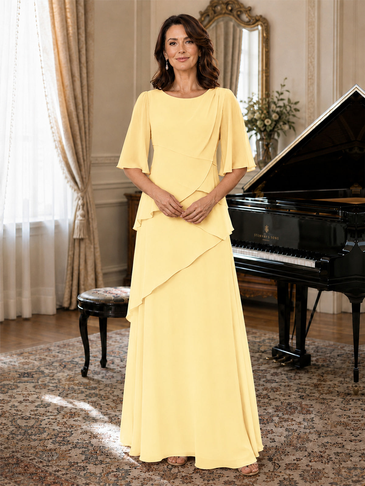Asymmetric Draped Chiffon Mother of the Bride Dress with Flutter Sleeves