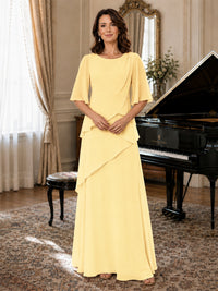 Asymmetric Draped Chiffon Mother of the Bride Dress with Flutter Sleeves