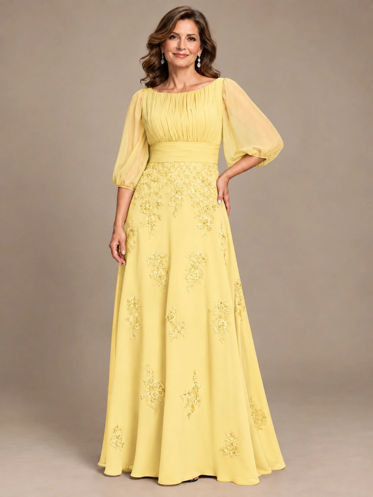 A-Line Mother of the Bride Dress with Sheer Puff Sleeves
