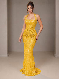 Yellow Halter Sequin Mermiad Ruched Prom Dress Long Ruched Eveing Gown