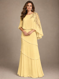 Elegant Chiffon Cape Sleeve Beaded Mother of the Bride Dress