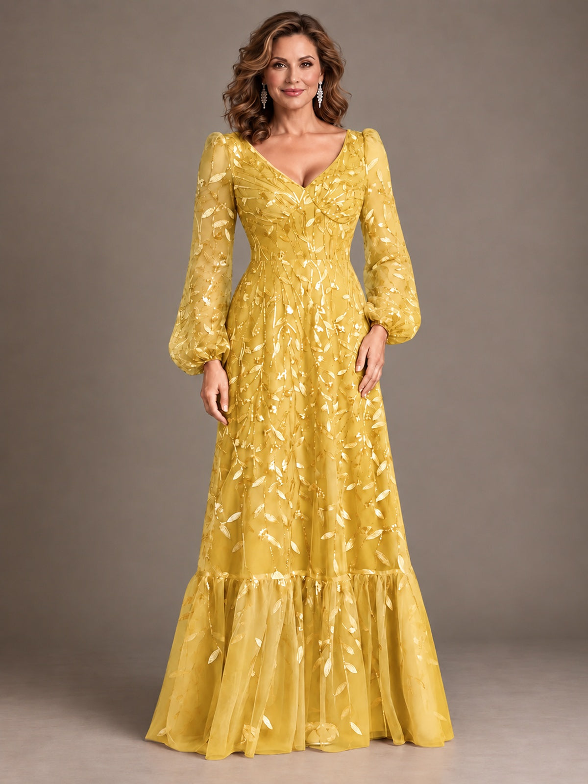 Floral Sequin Embroidered A-Line Mother of the Bride Dress with Long Sleeves