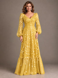 Floral Sequin Embroidered A-Line Mother of the Bride Dress with Long Sleeves