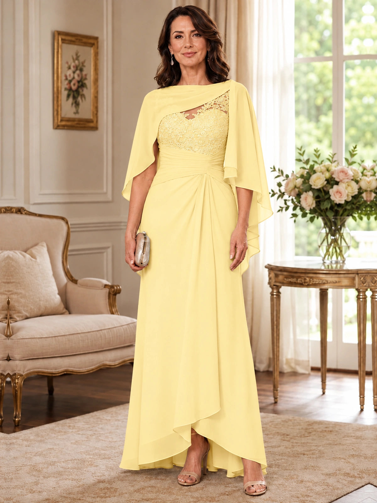 Elegant Chiffon Mother of the Bride Dress with Lace Applique and Cape Sleeves