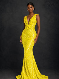 Gold Sequin Floral Applique Mermaid Prom Dress