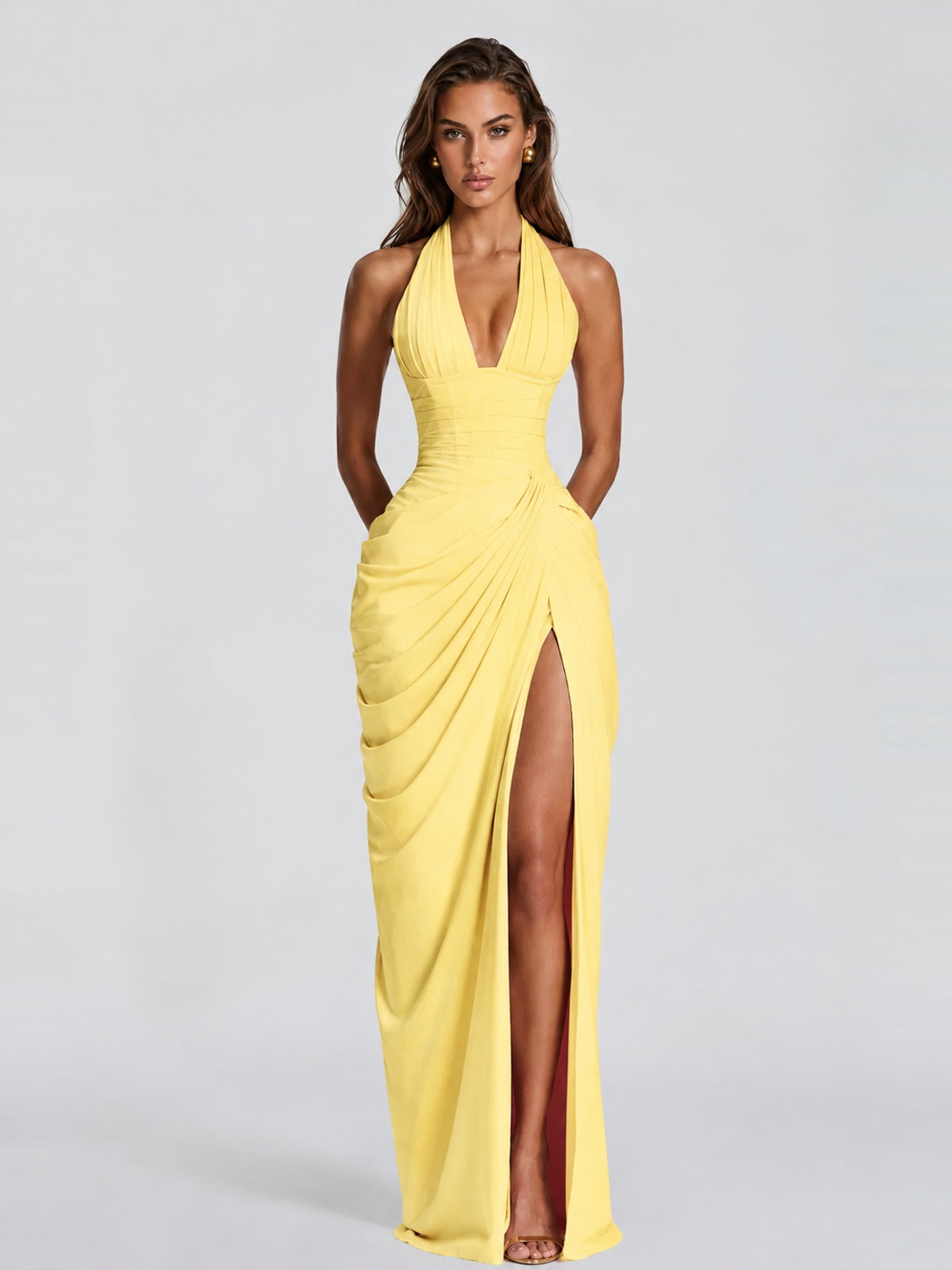 Ruched Halter Neck High-Slit Prom & Evening Dress