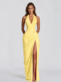 Ruched Halter Neck High-Slit Prom & Evening Dress