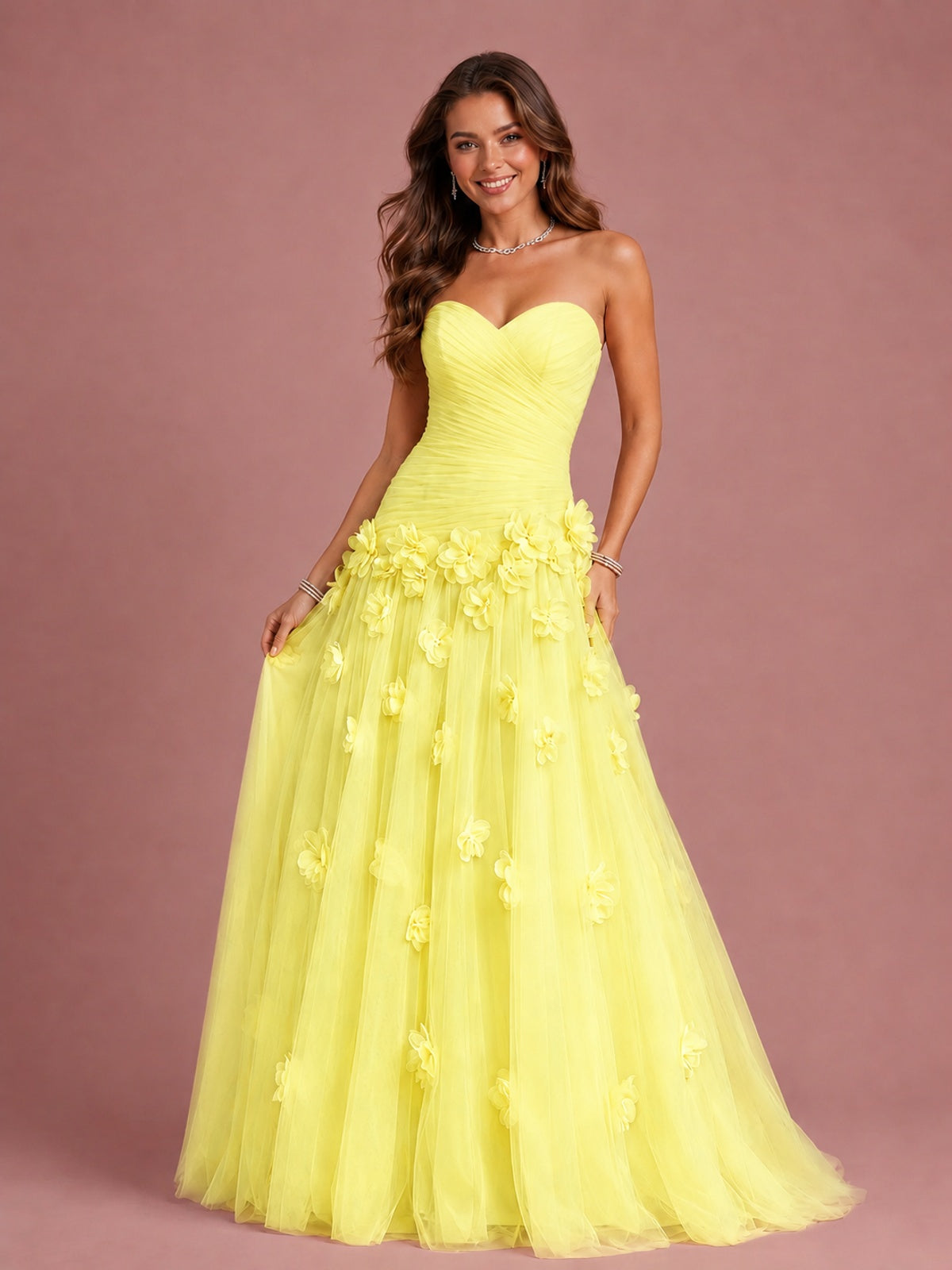 Blush Pink Strapless Sweetheart 3D Floral Tulle Ball Gown Prom Dres