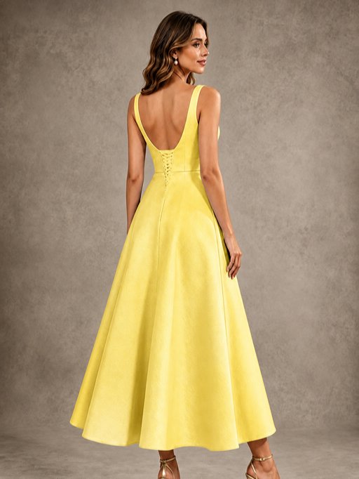 Tea-Length Satin Mother of the Bride Dress with 3D Flower Detail