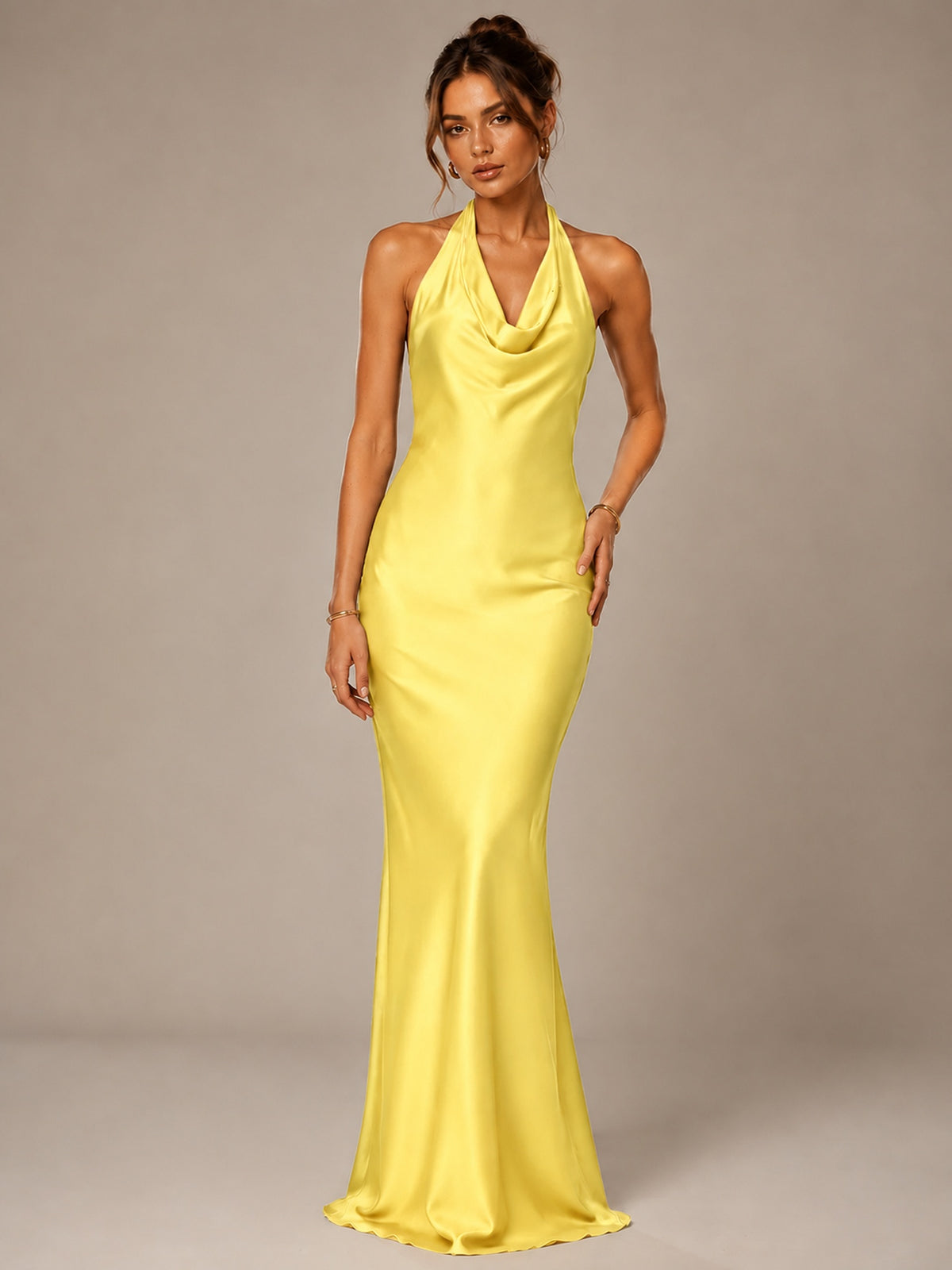 Olive Green Halter Satin Mermaid Maxi Dress