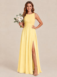 A-line Sleeveless Rucehd Chiffon Bridesmaid Dress with High Slit