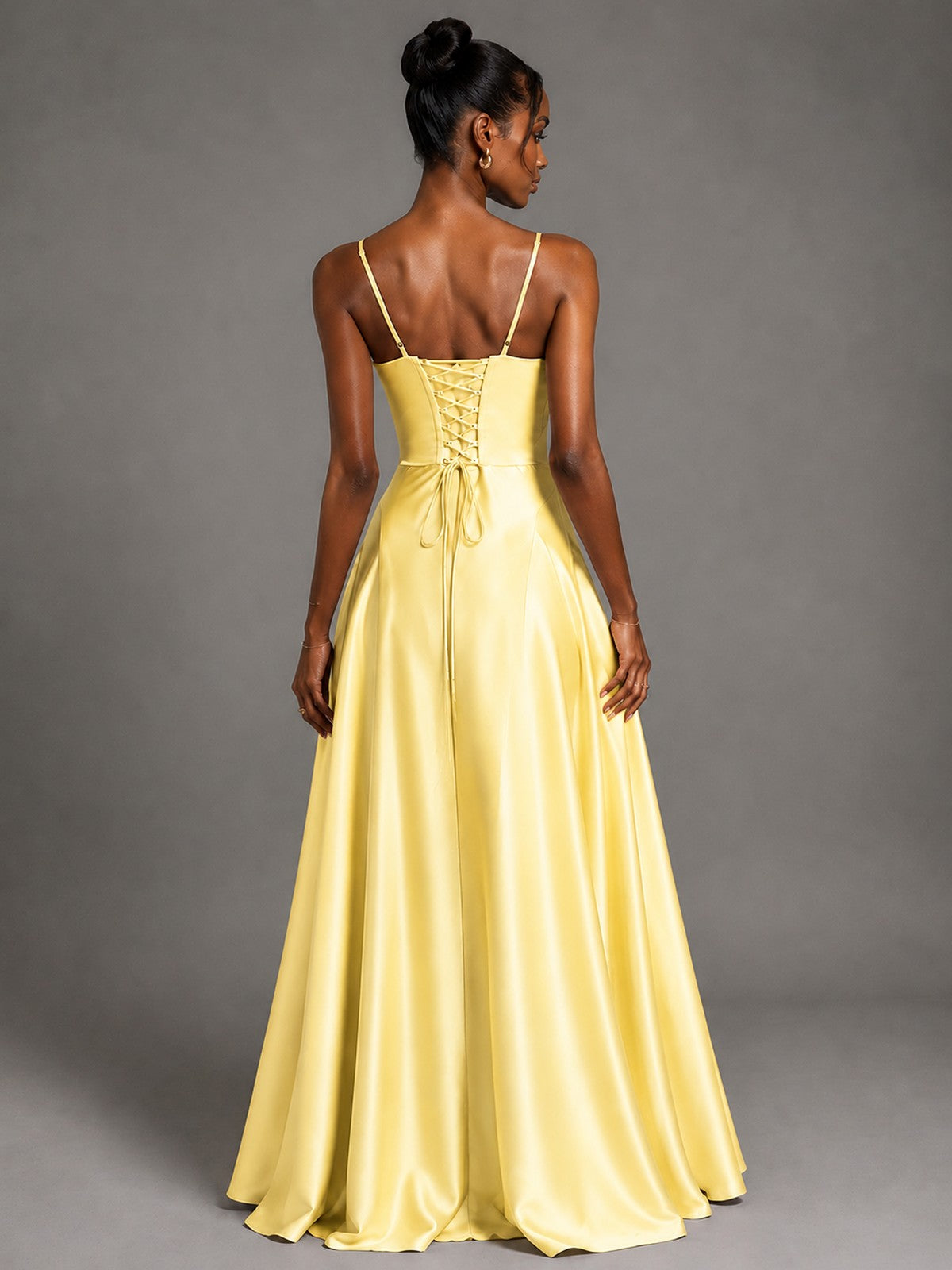 Lavender V Neck Satin Prom Dress with Spaghetti Straps