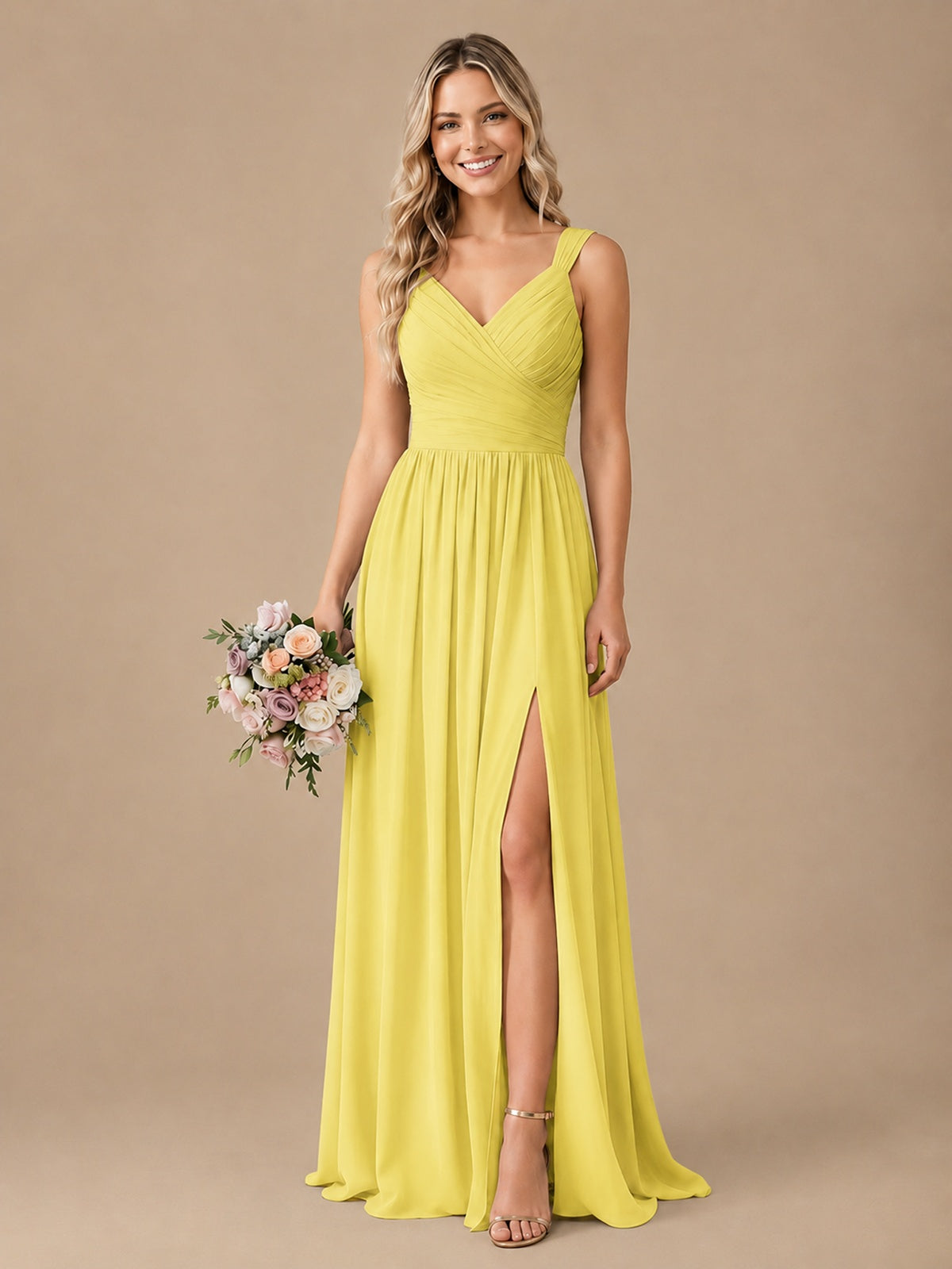 Pleated Chiffon V Neck Wedding Bridesmaid Dresses Floor Length with Slit