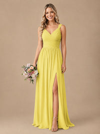 Pleated Chiffon V Neck Wedding Bridesmaid Dresses Floor Length with Slit