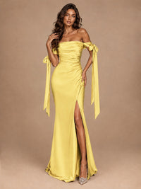 Off The Shuolder Satin Prom Dress Slit Mermaid Formal Gowns