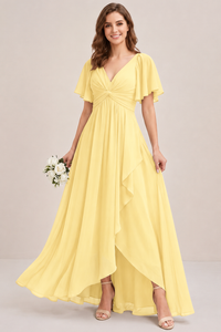Dusty Blue Chiffon Bridesmaid Dress with Flutter Sleeves & High-Low Hem