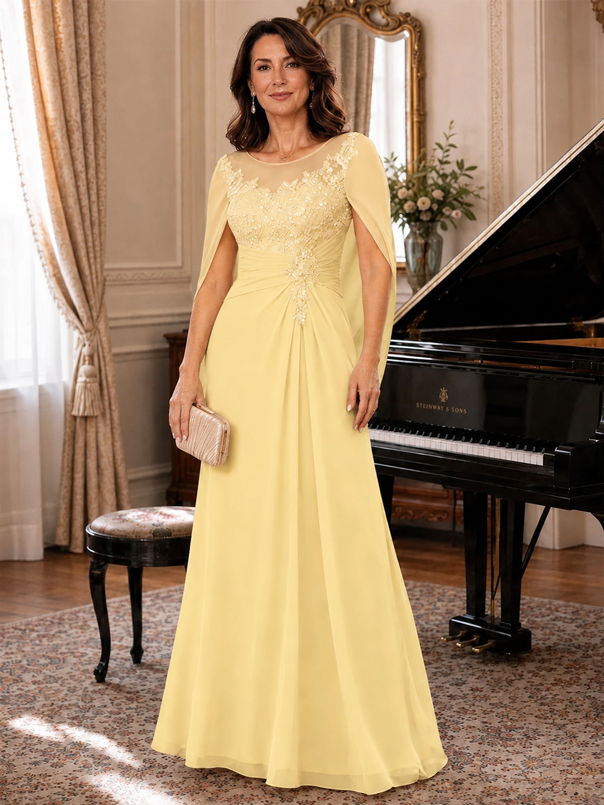 Elegant Applique Chiffon Mother of the Bride Dress with Cape Sleeves